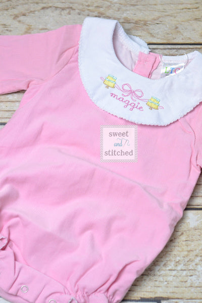 Baby girl monogrammed bishop bubble in pink corduroy, 1st birthday outfit, cake smash outfit, monogrammed baby girl outfit