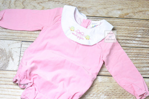 Baby girl monogrammed bishop bubble in pink corduroy, 1st birthday outfit, cake smash outfit, monogrammed baby girl outfit