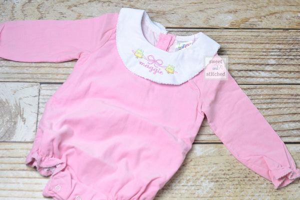 Baby girl monogrammed bishop bubble in pink corduroy, 1st birthday outfit, cake smash outfit, monogrammed baby girl outfit