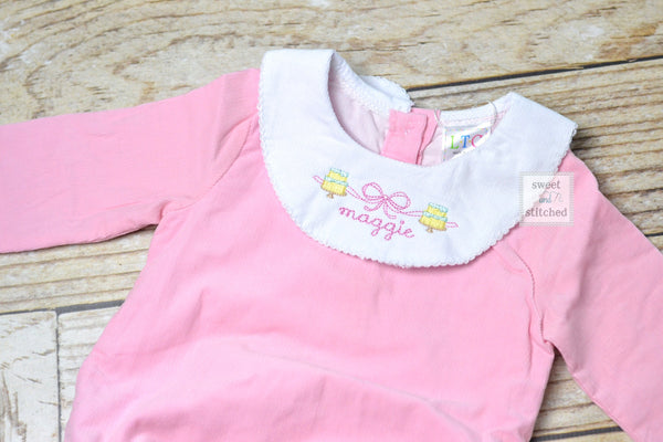 Baby girl monogrammed bishop bubble in pink corduroy, 1st birthday outfit, cake smash outfit, monogrammed baby girl outfit