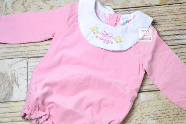 Baby girl monogrammed bishop bubble in pink corduroy, 1st birthday outfit, cake smash outfit, monogrammed baby girl outfit