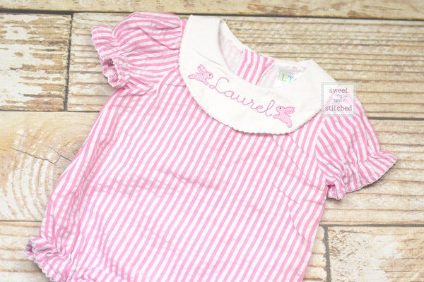 Baby girl monogrammed bishop bubble Easter outfit in pink seersucker with bunny design, Easter outfit, monogrammed easter bunny outfit