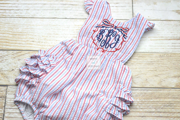 Monogrammed baby girl patriotic bubble romper, 4th of july birthday outfit, patriotic cake smash outfit, red white and blue birthday outfit