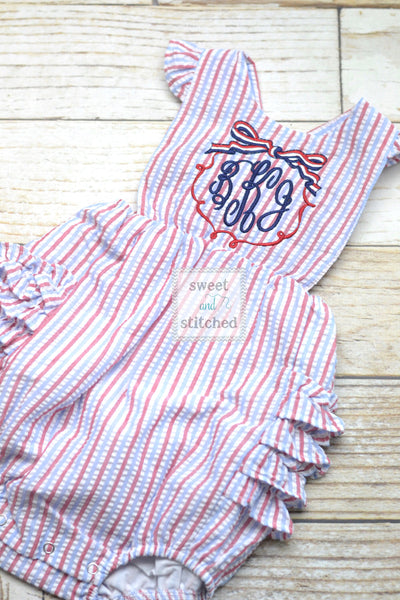 Monogrammed baby girl patriotic bubble romper, 4th of july birthday outfit, patriotic cake smash outfit, red white and blue birthday outfit