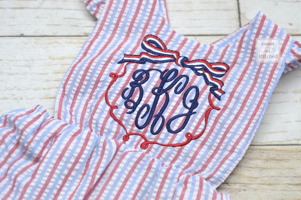 Monogrammed baby girl patriotic bubble romper, 4th of july birthday outfit, patriotic cake smash outfit, red white and blue birthday outfit