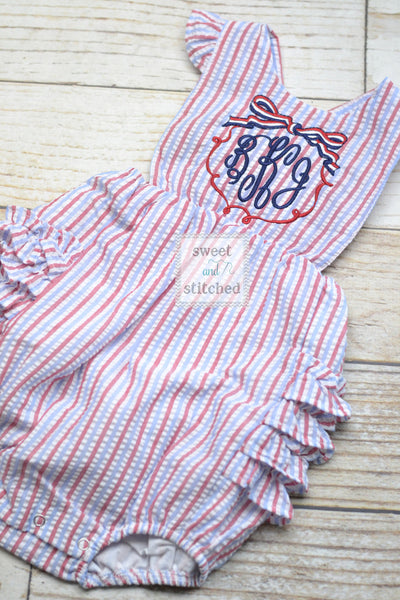 Monogrammed baby girl patriotic bubble romper, 4th of july birthday outfit, patriotic cake smash outfit, red white and blue birthday outfit