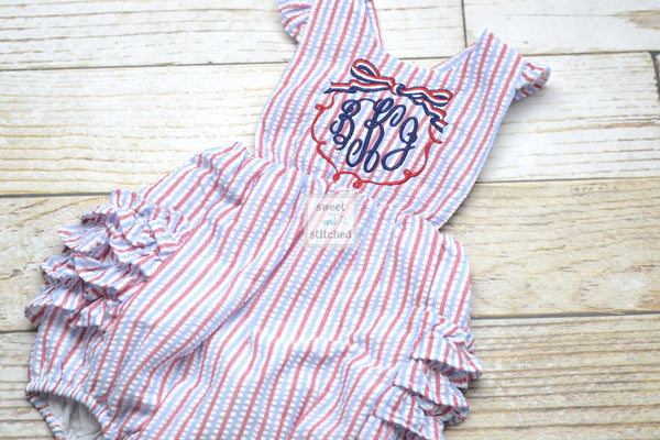 Monogrammed baby girl patriotic bubble romper, 4th of july birthday outfit, patriotic cake smash outfit, red white and blue birthday outfit