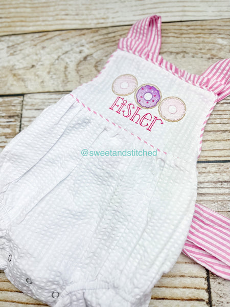Monogrammed baby girl ruffle bubble with donut theme, donut themed birthday outfit, 1st birthday donut cake smash outfit