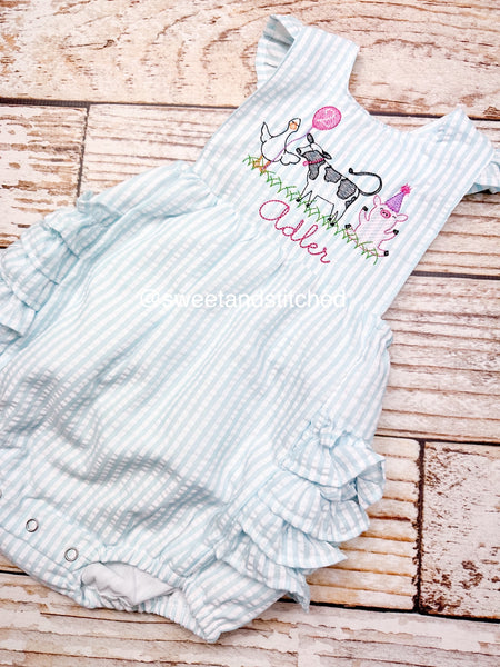 Monogrammed baby girl ruffle bubble with birthday farm animals in aqua, farm cake smash, cow 1st birthday outfit