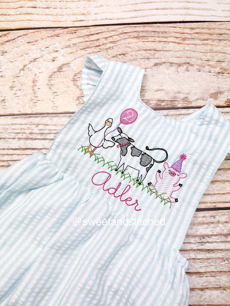 Monogrammed baby girl ruffle bubble with birthday farm animals in aqua, farm cake smash, cow 1st birthday outfit