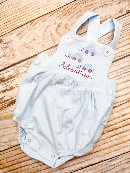 Monogrammed baby boy Birthday romper with cars, car birthday outfit, car themed cake smash outfit, balloon birthday outfit