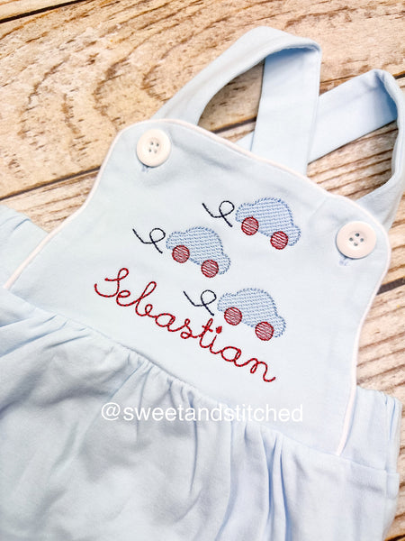 Monogrammed baby boy Birthday romper with cars, car birthday outfit, car themed cake smash outfit, balloon birthday outfit