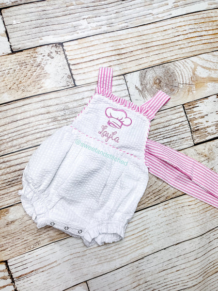 Monogrammed baby girl ruffle bubble with chef's hat, chef themed birthday outfit, 1st birthday cake smash outfit, Cooking birthday outfit