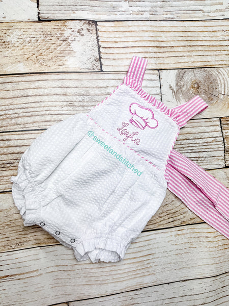 Monogrammed baby girl ruffle bubble with chef's hat, chef themed birthday outfit, 1st birthday cake smash outfit, Cooking birthday outfit