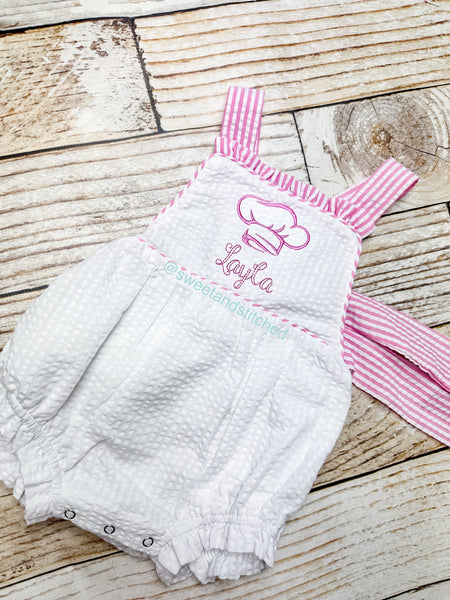 Monogrammed baby girl ruffle bubble with chef's hat, chef themed birthday outfit, 1st birthday cake smash outfit, Cooking birthday outfit