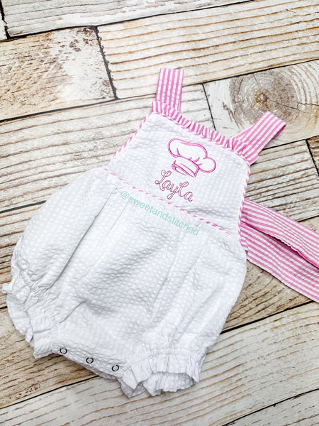 Monogrammed baby girl ruffle bubble with chef's hat, chef themed birthday outfit, 1st birthday cake smash outfit, Cooking birthday outfit