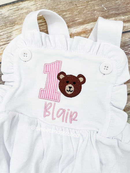 Monogrammed baby girl ruffle bubble with teddy bear design, girls birthday outfit, 1st birthday teddy bear outfit, teddy bear cake smash