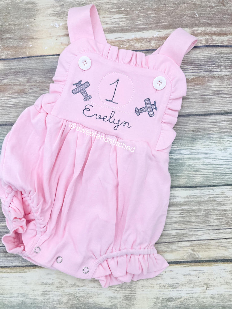 Monogrammed pink baby girl cake smash outfit with airplane design, planes girls birthday outfit, 1st birthday airplane cake smash outfit