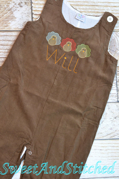 Baby Boy thanksgiving outfit with turkeys and name in vintage style, boys corduroy overalls personalized