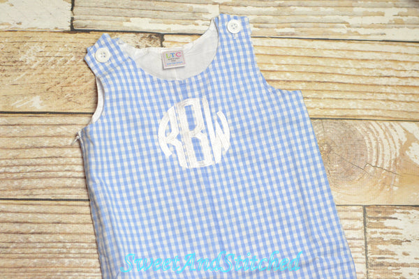 Baby Boy Easter outfit in blue gingham - Boys monogrammed Easter Outfit, Easter overalls