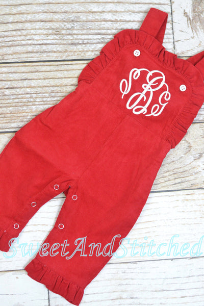 Baby girl monogrammed Christmas or Valentine's outfit, Red Ruffle Christmas overalls