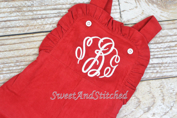 Baby girl monogrammed Christmas or Valentine's outfit, Red Ruffle Christmas overalls