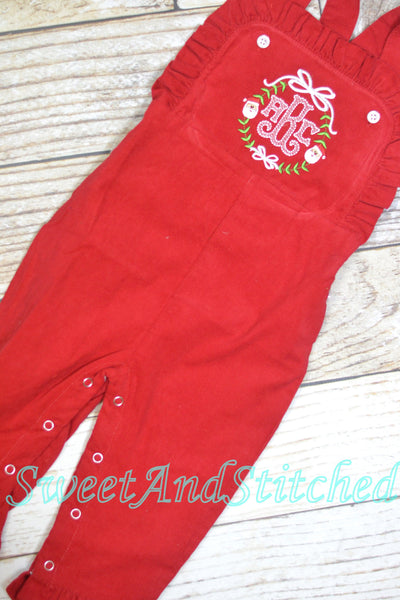 Baby girl monogrammed Christmas outfit, Red Ruffle Christmas overalls