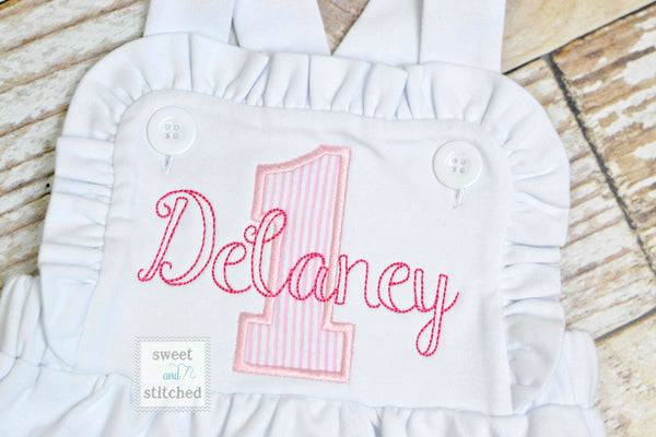 Monogrammed baby girl cake smash outfit with 1 and name, girls birthday bubble outfit