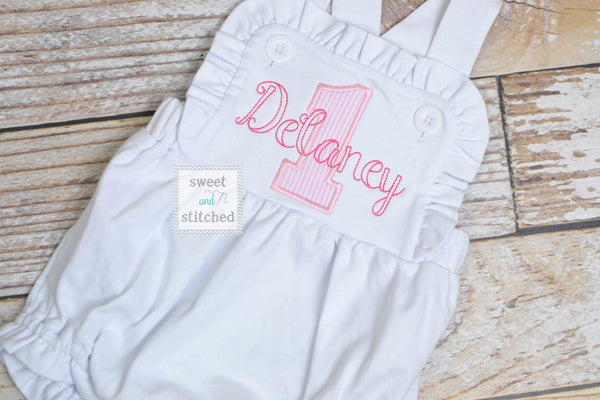 Monogrammed baby girl cake smash outfit with 1 and name, girls birthday bubble outfit