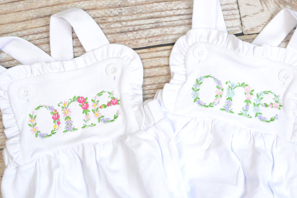 Embroidered baby girl cake smash outfit with floral ONE design, girls birthday outfit