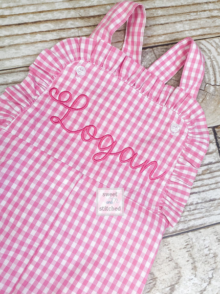 Baby girl monogrammed Spring or Easter outfit, Pink Gingham monogrammed Easter overalls