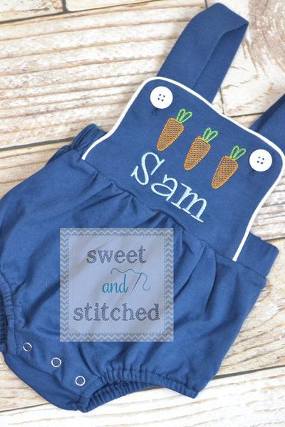 Monogrammed boys easter romper in navy blue, Boys easter outfit with carrots, baby boy bubble romper, baby boy easter carrot romper