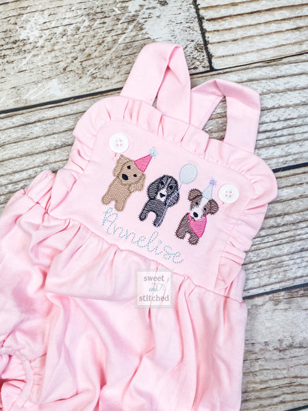 Monogrammed pink baby girl cake smash outfit with puppy dogs and name, girls birthday outfit, 1st birthday puppy themed cake smash outfit