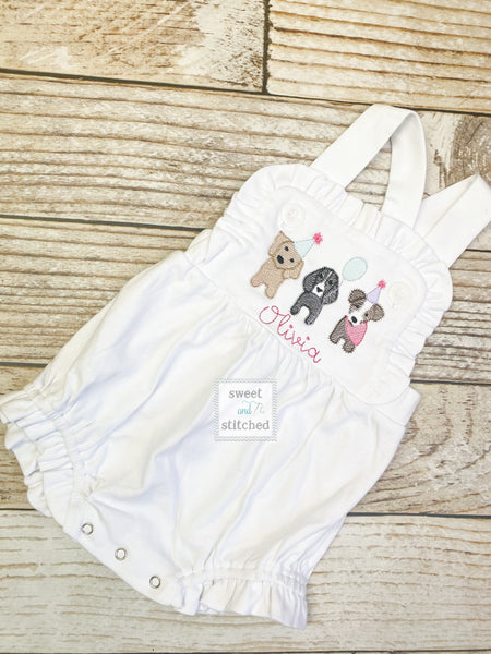 Monogrammed baby girl cake smash outfit with puppy dogs and name, girls birthday bubble outfit, 1st birthday puppy themed cake smash outfit