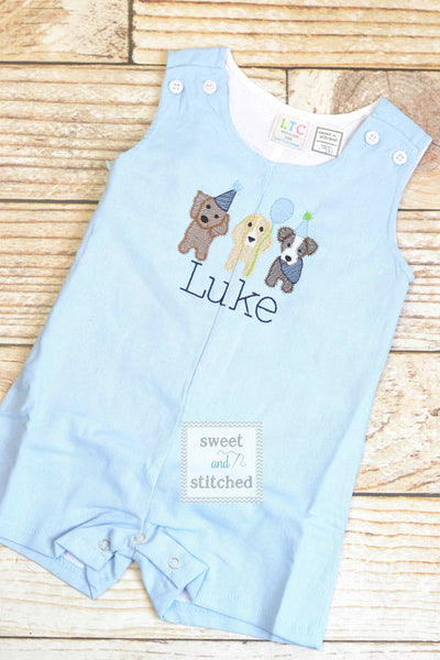 Monogrammed baby boy jon jon with puppies, puppy themed baby boy birthday outfit with name, beach outfit, monogrammed jon jon, cake smash