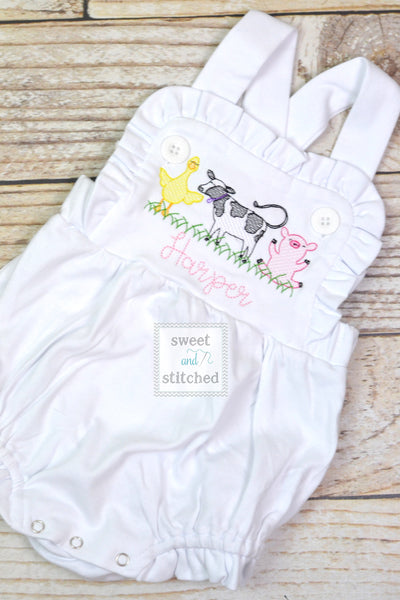 Monogrammed baby girl cake smash outfit with farm animals and name, girls farm bubble outfit, 1st birthday farm themed cake smash outfit