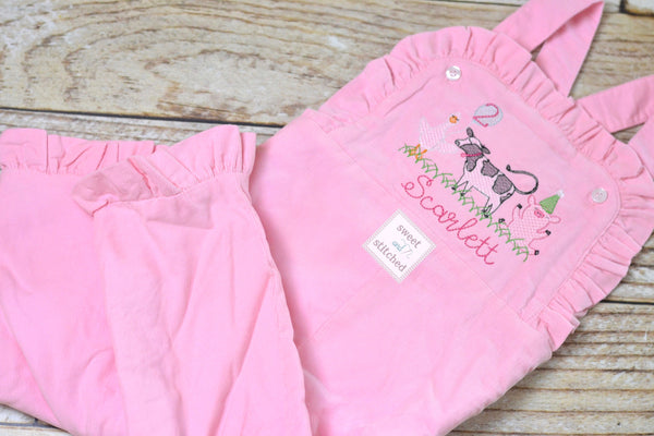 Baby girl monogrammed farm themed birthday overalls, monogrammed 1st birthday party outfit, farm animal birthday outfit