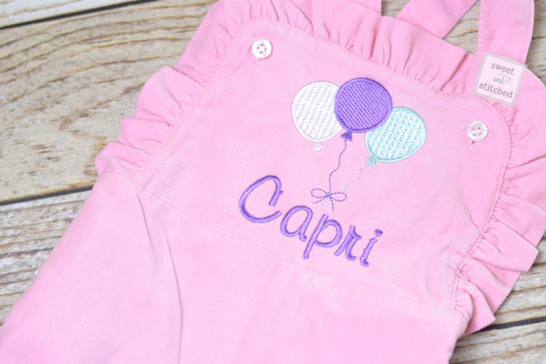 Baby girl monogrammed balloon birthday overalls, monogrammed 1st birthday party outfit, cake smash outfit
