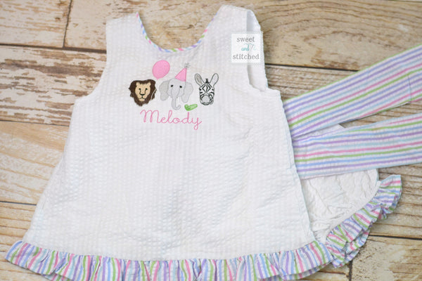 Baby girl swing back bloomer set with zoo theme, party animal birthday outfit, baby bloomer set, cake smash outfit, swing back set