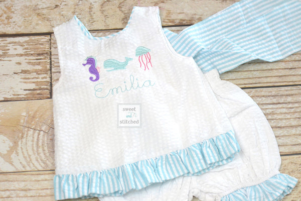 Baby girl swing back bloomer set in aqua with sea animals, summer baby girl outfit, mermaid cake smash bloomer set, 1st birthday outfit