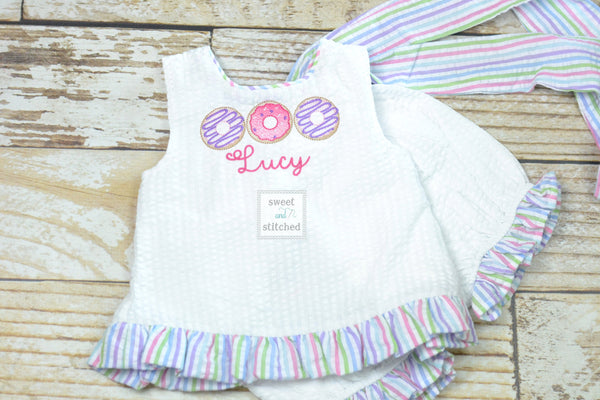 Baby girl swing back bloomer set with donut theme, donut birthday outfit, baby bloomer set, cake smash outfit, swing back set
