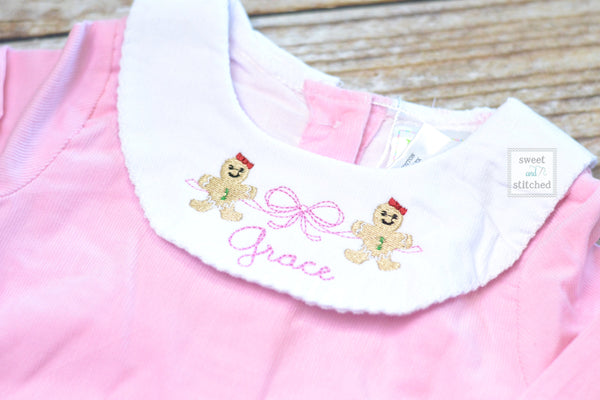 Baby girl monogrammed Christmas bishop bubble in pink corduroy, Ruffle Christmas outfit with gingerbread girls design, Christmas outfit