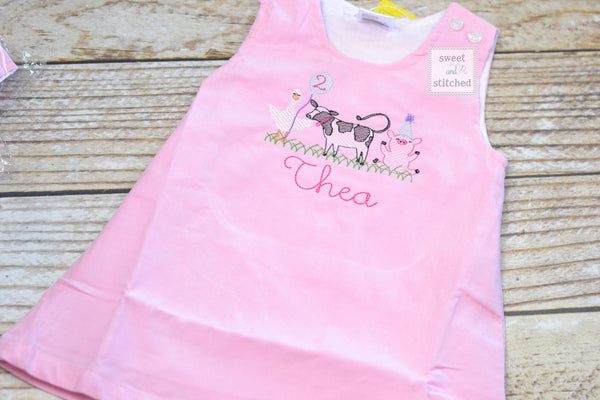 Baby girl monogrammed farm animal birthday jumper dress, monogrammed farm birthday party outfit, cow birthday cake smash