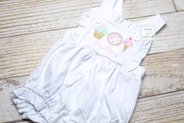 Monogrammed baby girl ruffle bubble with sweets trio, girls summer ice cream cone outfit, 1st birthday donut outfit, Summer birthday Outfit