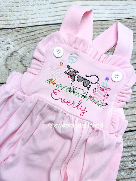 Monogrammed baby girl cake smash outfit with farm animals and name, girls pink farm bubble outfit, 1st birthday cow cake smash outfit