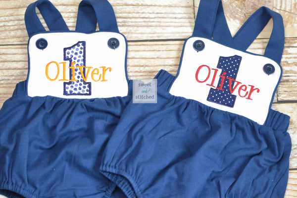 Monogrammed boys cake smash outfit in color block navy and white, monogrammed boys 1st birthday outfit, cake smash outfit