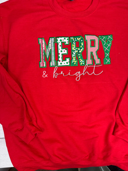 Womens Christmas sweatshirt merry and bright applique design