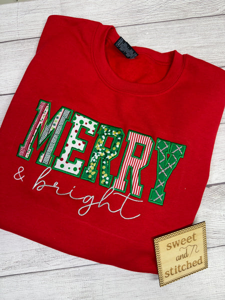Womens Christmas sweatshirt merry and bright applique design