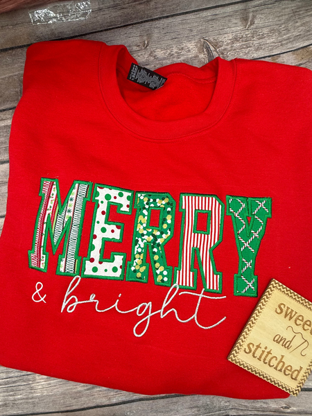 Womens Christmas sweatshirt merry and bright applique design