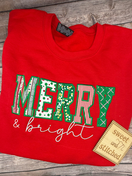 Womens Christmas sweatshirt merry and bright applique design